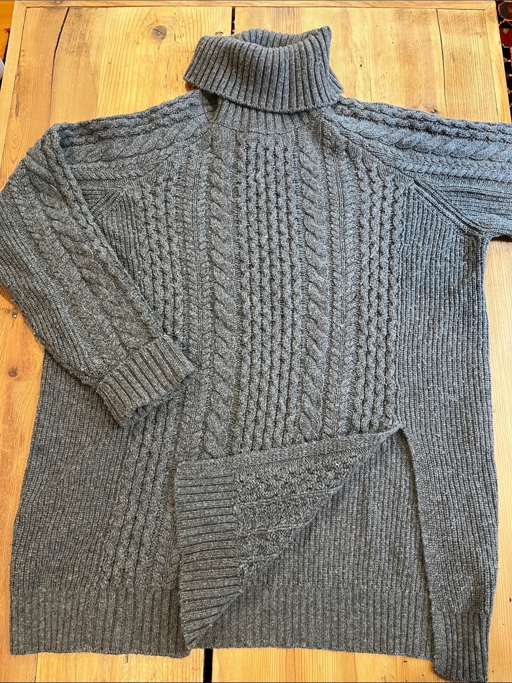 NAADAM L Gray Cable Knit Cashmere & Wool Side Slit Sweater Fishermans Turtleneck